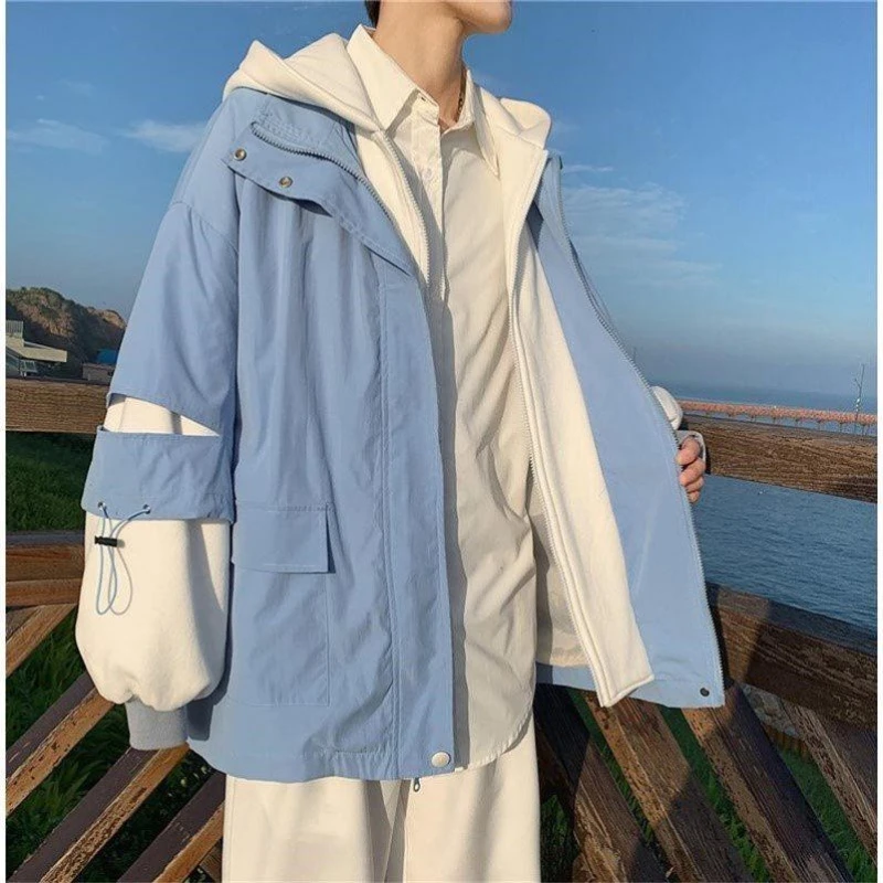 

Осень-зима, новая мода, однотонные куртки с капюшоном и длинными рукавами, мужская одежда с карманами, корейский тренд, универсальный искусственный шикарный топ из двух предметов