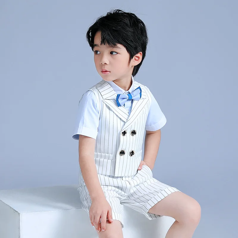 Kids Shirt Vest Shorts Bowtie 4PCS Formal Suit Boys White Summer Wedding Suit Child Party Show Costume Teenager Photography Set