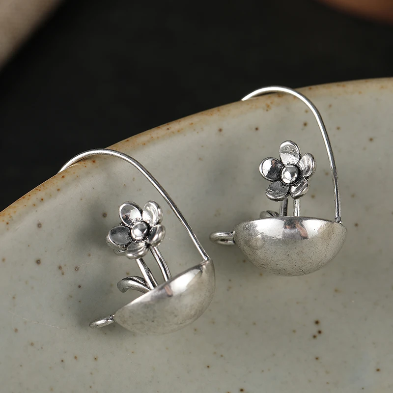 Vintage Forest Style Floral Basket Design Hoop Earrings Women's Fashion Personality Festival Vacation Handmade Jewelry Accessory