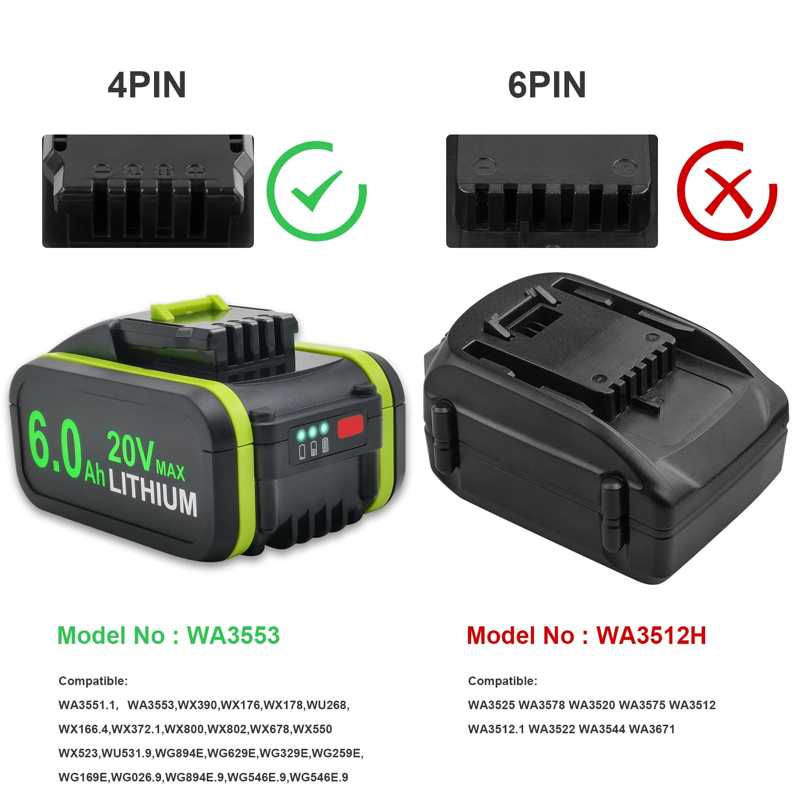 Powtree WA3553/WA3551 for Worx 20V Battery Replacement Li-Ion Cordless Power Tools WA3551 WA3572 WA3553 WX390 WX176 WX178 WU268