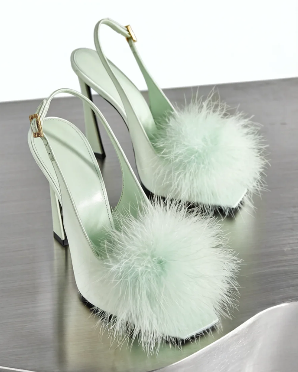 

New Satin Square Open-Toe Sandals Fluffy Feather-Trimmed Thin Stiletto Heel Slingback Detail Elegant Lady High Heels
