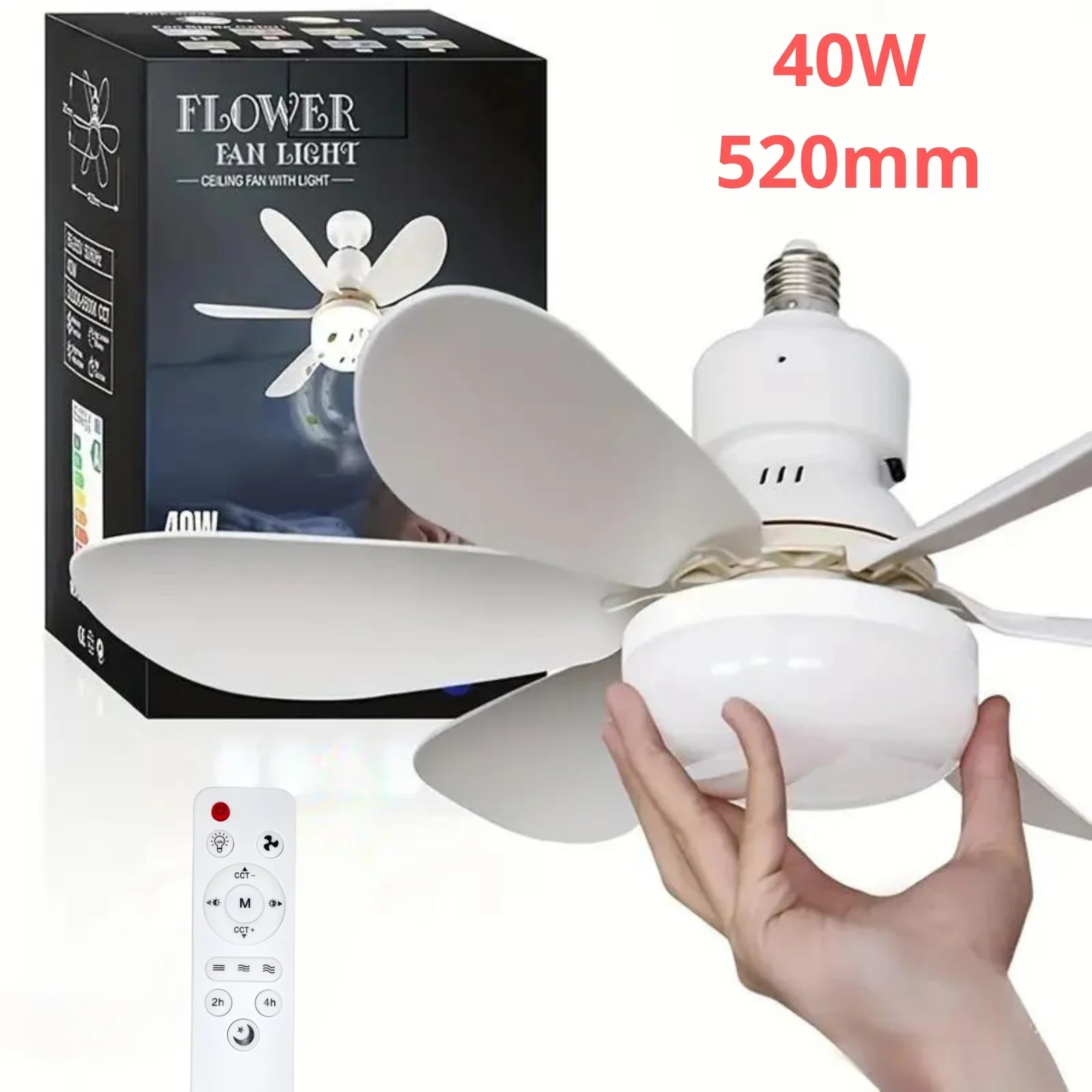 LED 40W Socket Ceiling Fan Light E27 with remote control for dimming, suitable for living room, study, household use, 85-265V