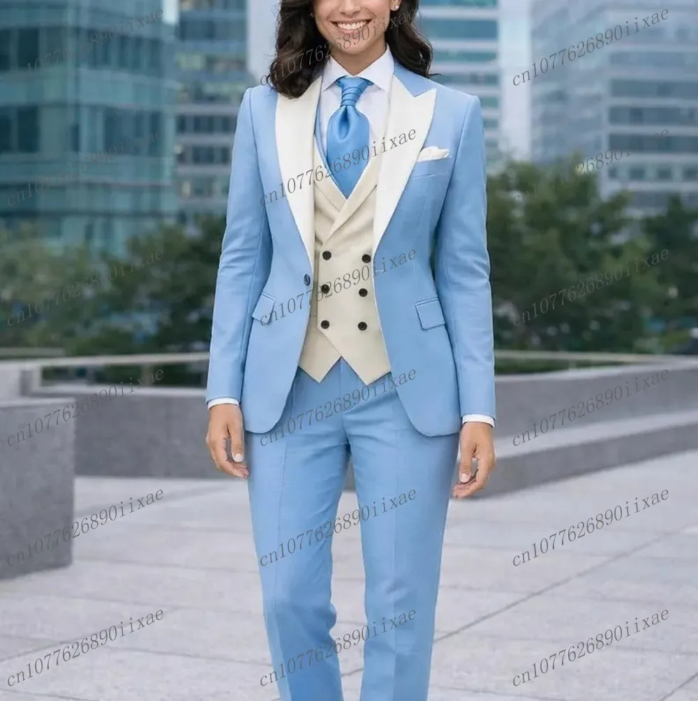 

Небесно-голубые и белые женские костюмы, женские деловые офисные смокинги для мамы, свадебной вечеринки, формальный женский комплект из трех предметов, куртка, жилет, брюки