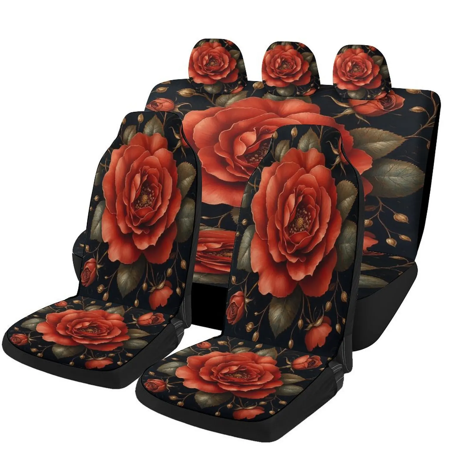 Set Of Car Seat Covers Featuring A Red Rose Bloom Design, Suitable For Various Vehicles. Stylish And Durable, This Complete Set