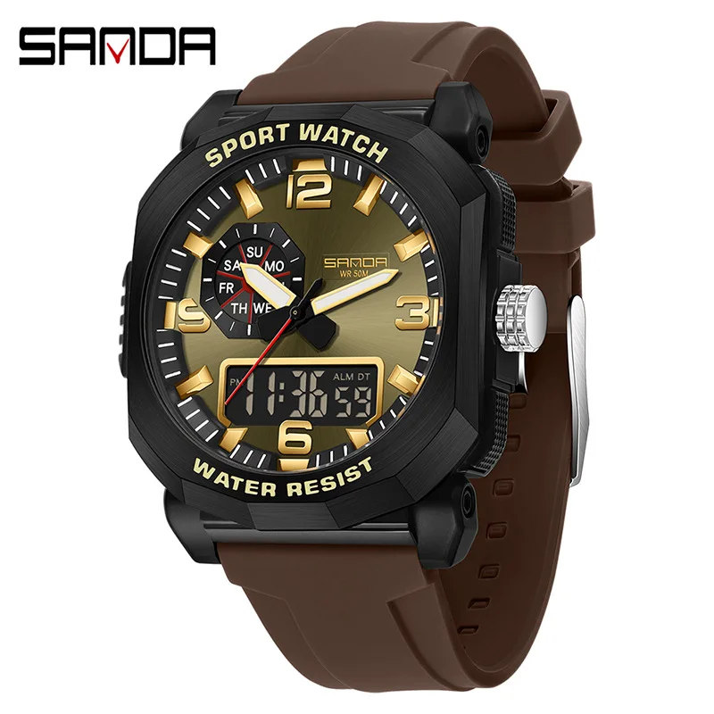 Мужские электронные часы SANDA 3370, многофункциональные модные трендовые наручные часы для улицы с двойным дисплеем и силиконовым ремешком для подростков