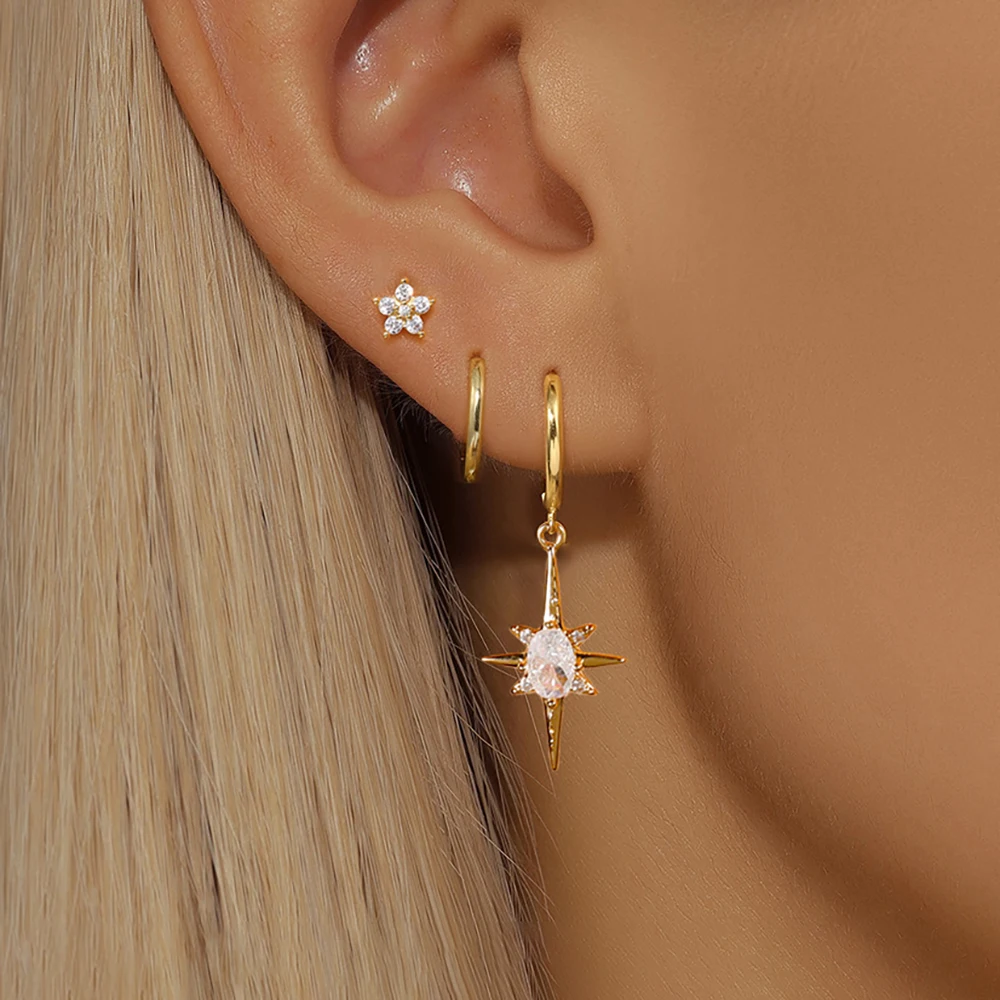 3PCS Fashion Crystal Zirconia Star Hoop Earrings Set for Women Stainless Steel Eight-Pointed Star Earring Wedding Jewelry