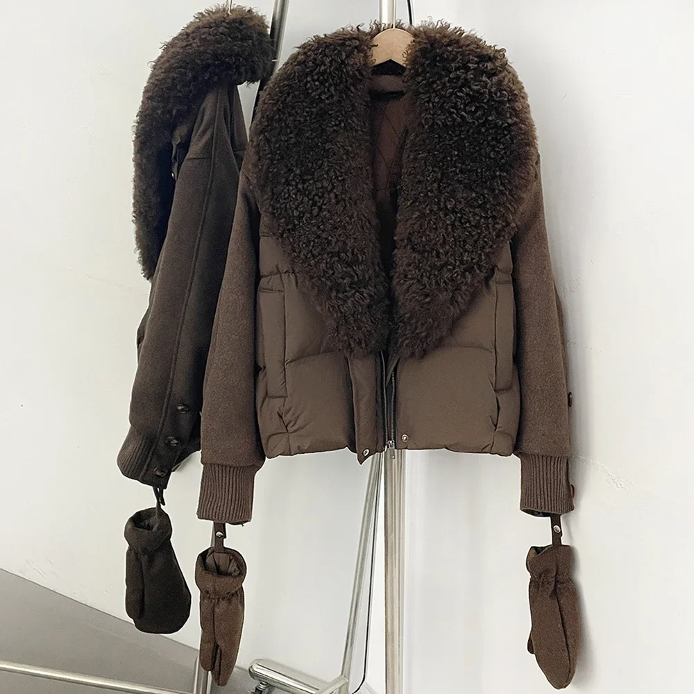 OFTBUY Abnehmbare Handschuhe Echte Lammwolle Pelz-Pufferjacke Daunenjacke mit Natürlichem Pelzkragen Neue Winter-Daunenkleidung für Damen – Detail 9