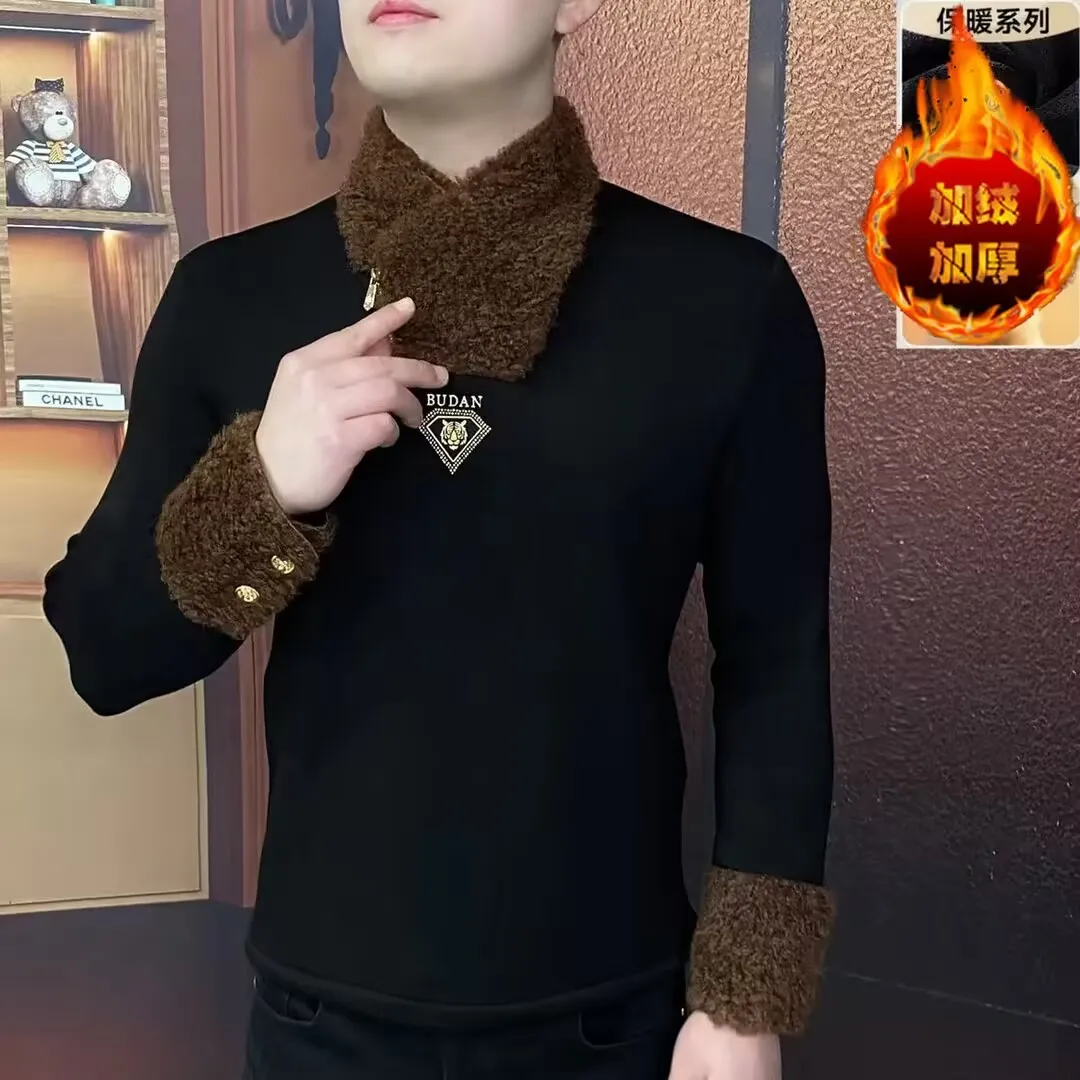 Winter Thick Warm T-shirt Men Long Sleeve Imitation Fur Patchwork Sweatshirt Casual Business Pullover Social Streetwear Shirt
