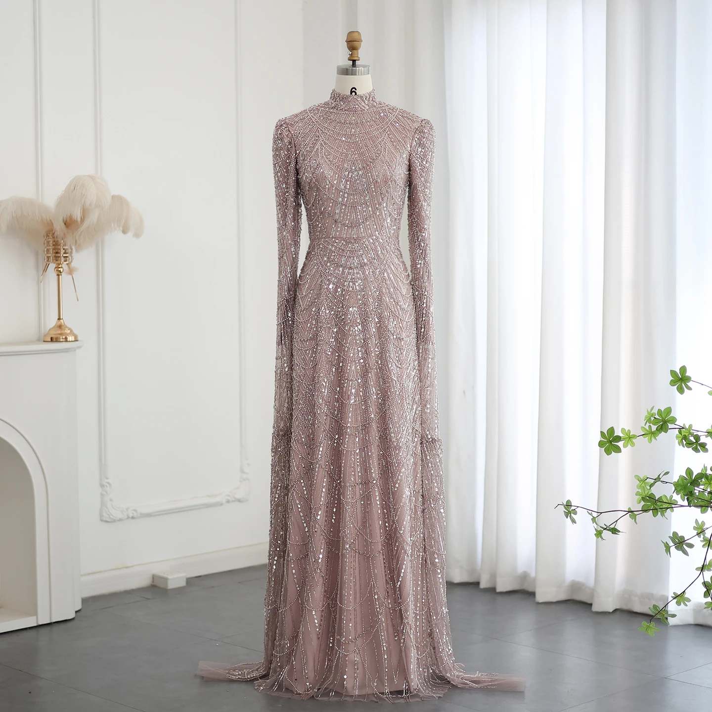 Sharon Said Luxury Dubai Sage Green Muslim Evening Dresses with Cape Sleeves High Neck Arab Women Wedding Party SS630 Customized image 5