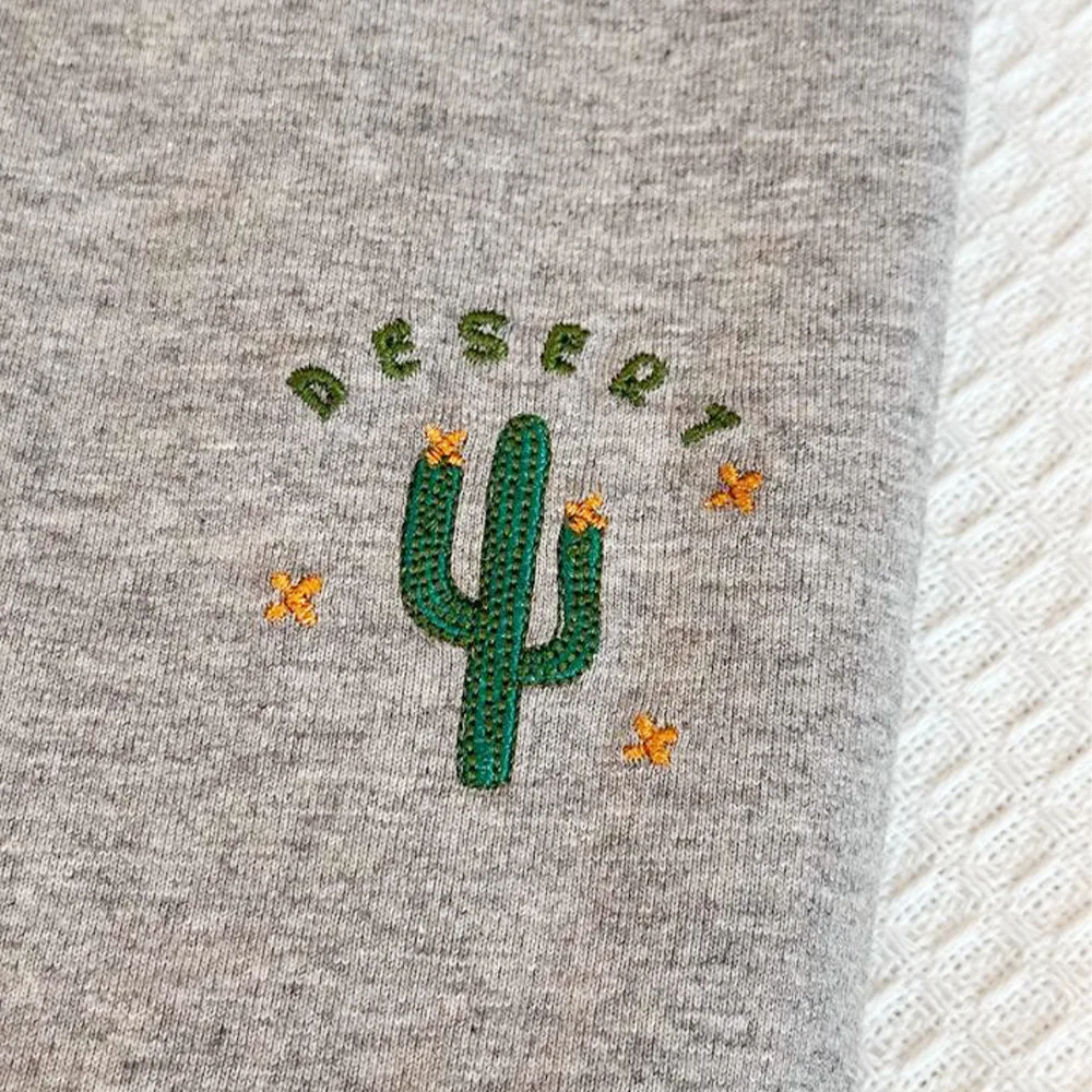 Gray Desert cactus Pocket Embroidered Cute Short Sleeve T Shirts Summer Loose Cotton Crewneck Casual Tops Ins Fashion Tees Women