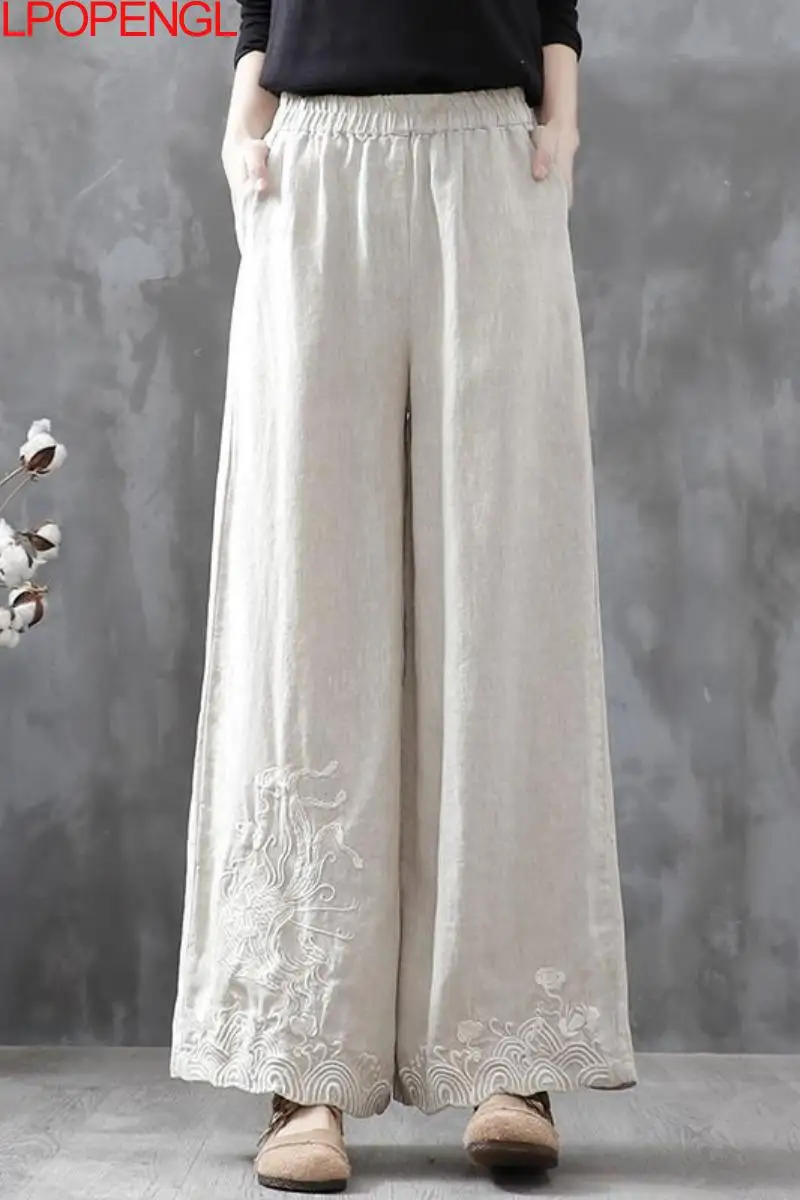 Retro Literary Loose All-match Embroidered Linen Pants Women's Spring And Summer New Casual Wide-leg Pants Cotton Linen Pants