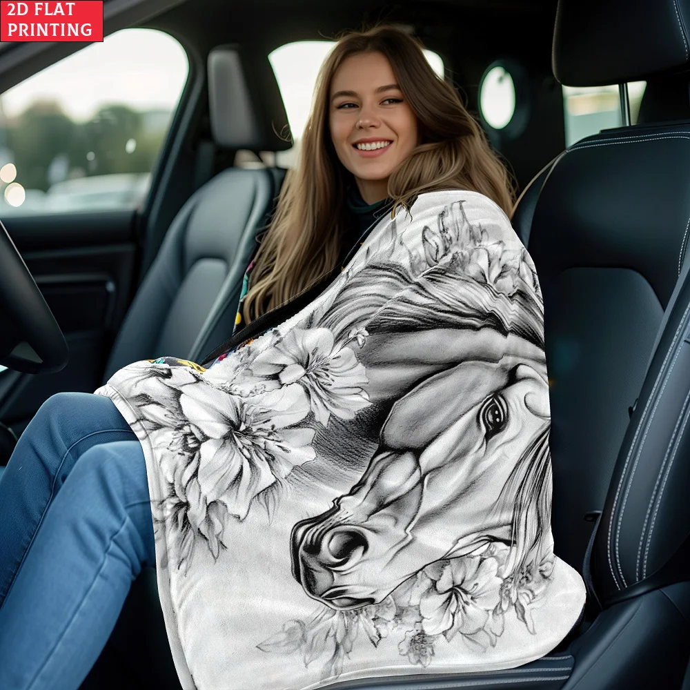 1pc a Lightweight Outdoor Blanket Featuring a 2D Flat Flower Horse Coloring Design, Perfect for Home Decor, Travel, Camping, And