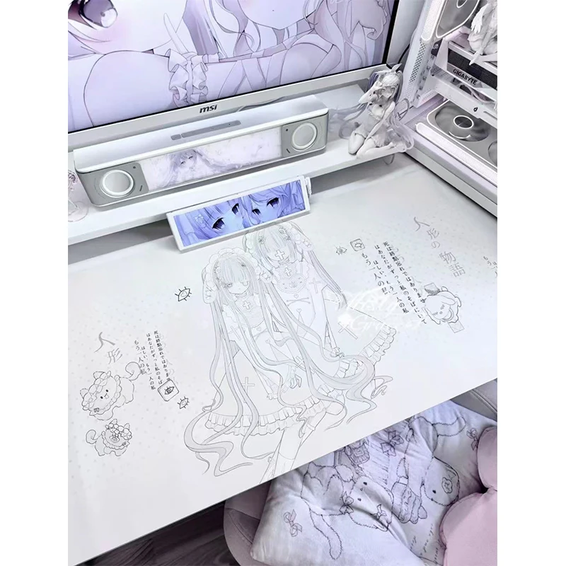 Cartoon Kawaii Anime Girl PU Leather Desk Pad Pink White Polka Dot  Mousepad Office Desk Mat Waterproof Non-Slip PU Desk Mat Pad