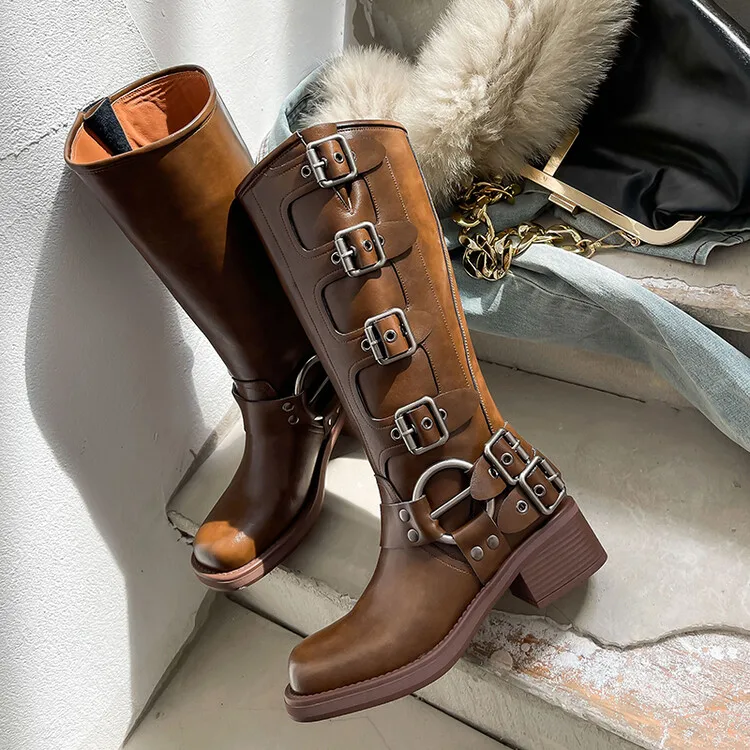 Punk Streetwear Motorcycle Boots Belt Metal Buckle Round Toe Thick Sole Mid Calf Shoes  2024 Fall Winter New Fashion Botas Mujer