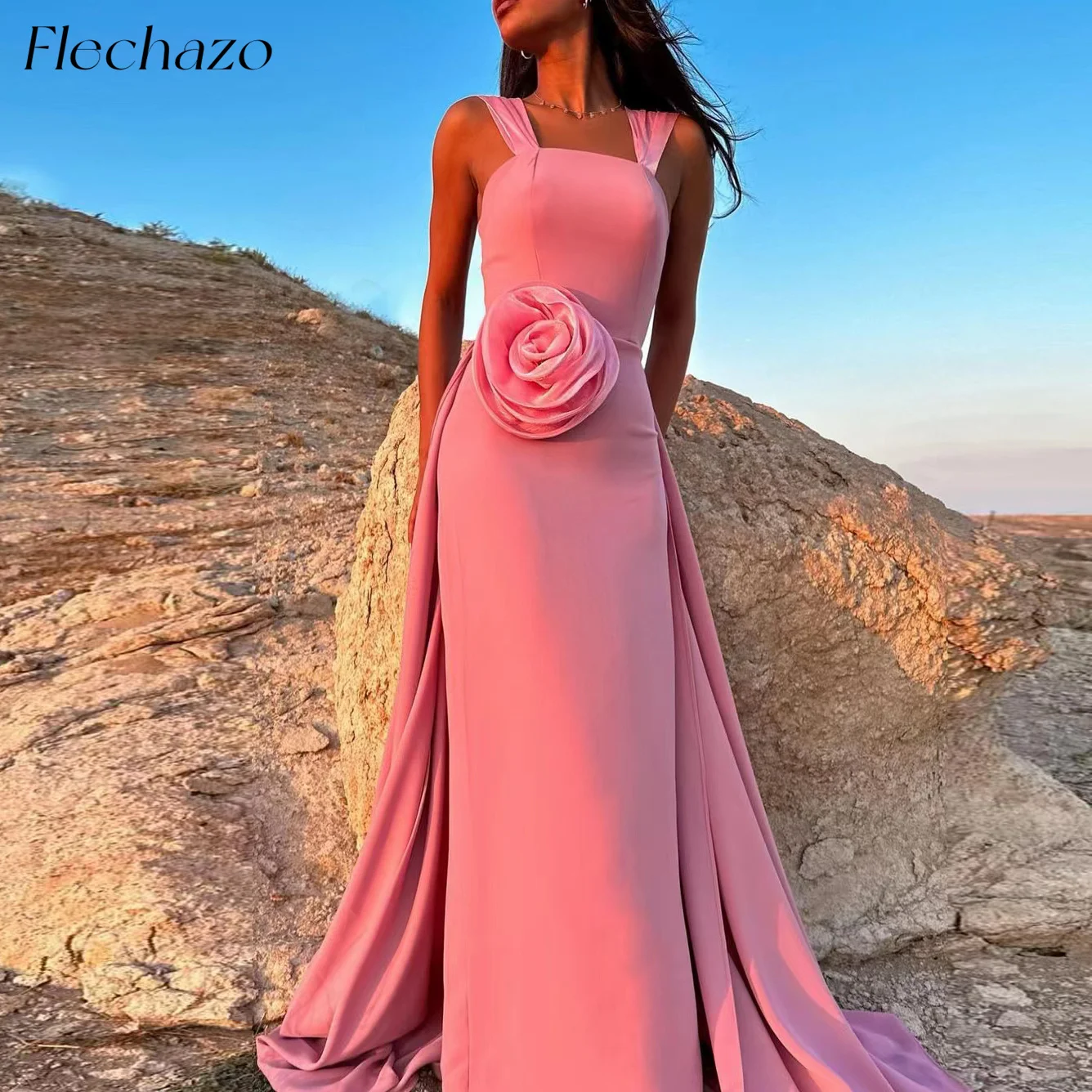 

Flechazo Pink Prom Dresses Sleeveless Handmade Rose Floor-Length Elgeant Evening Party Dress For Women 2024 robes de soirée