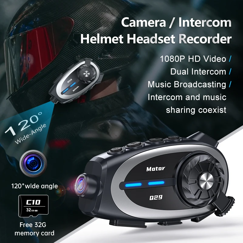 

Motorcycle Helmet Intercom Headset BT5.4 1080P HD Video Dashcam Wide-angle Lens Wireless Camera Waterproof motorbike Recorder