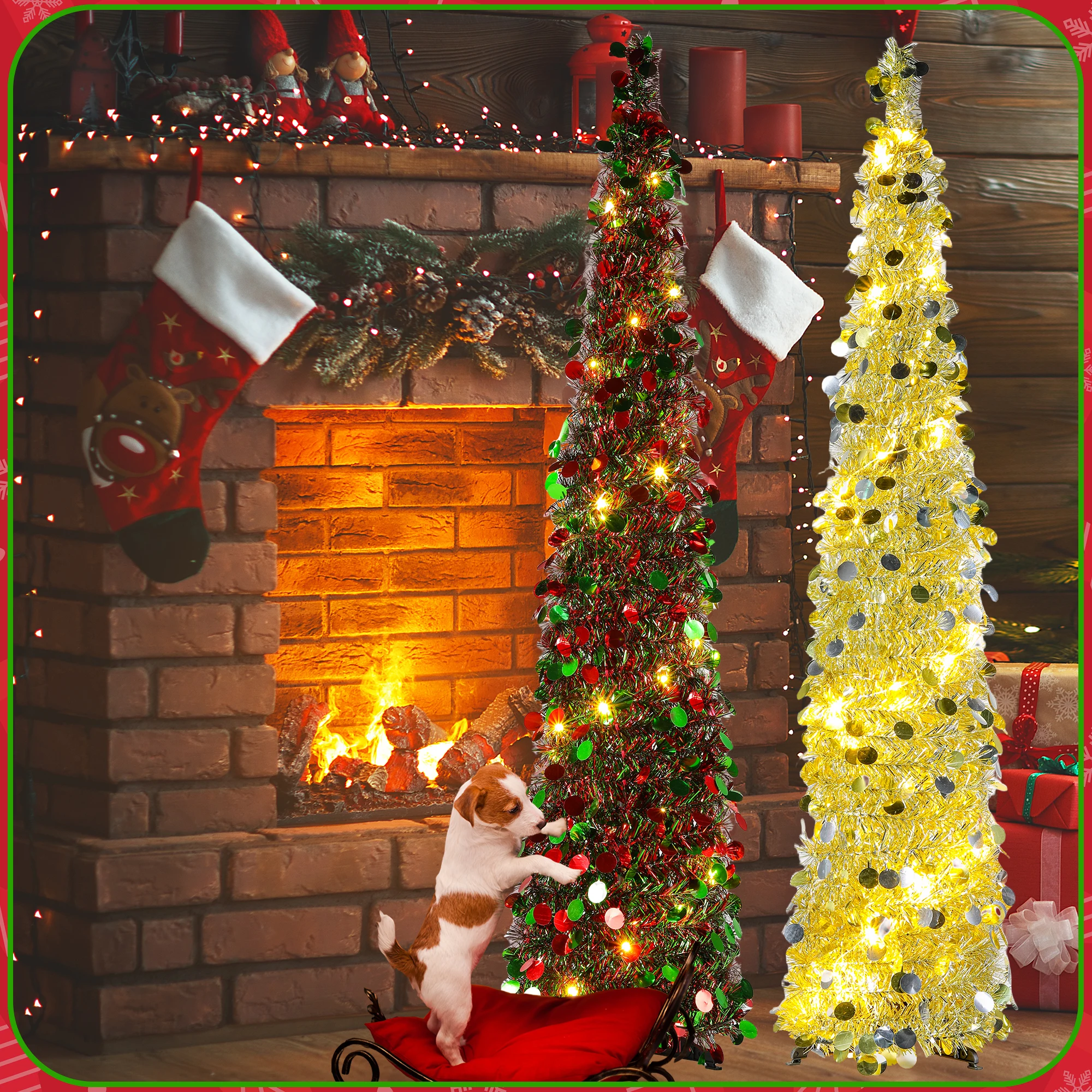 5FT Foldable Christmas Pencil Tree, Indoor/Outdoor, Red/Green or Gold/Silver Ornaments, Warm/Multicolor Lights, Timer & 8 Modes