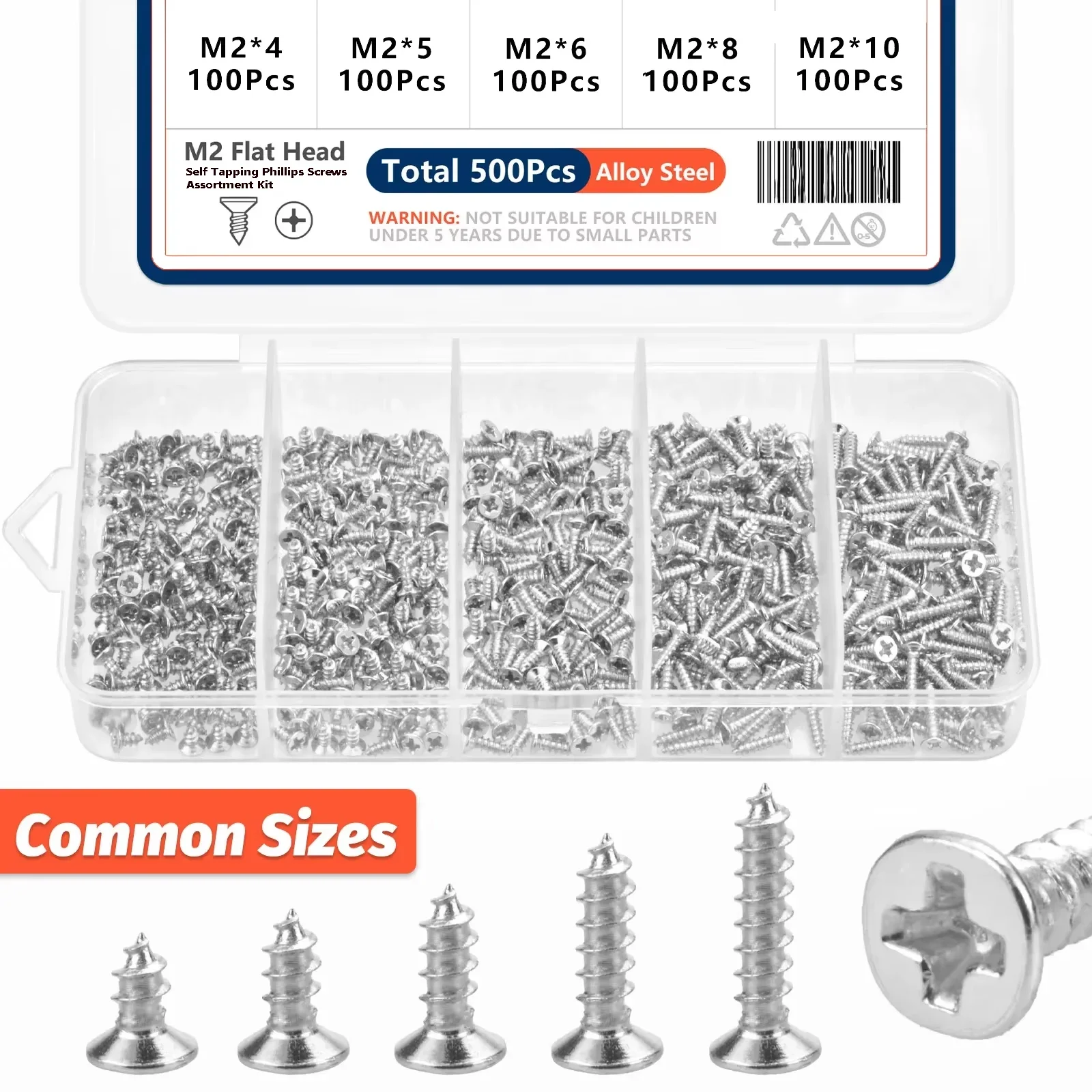 

500pcs M2 Self Tapping Phillips Screws Assortment Kit 5 Sizes Alloy Steel Cross Drive Flat Head Self Drilling Wood Screws DIY
