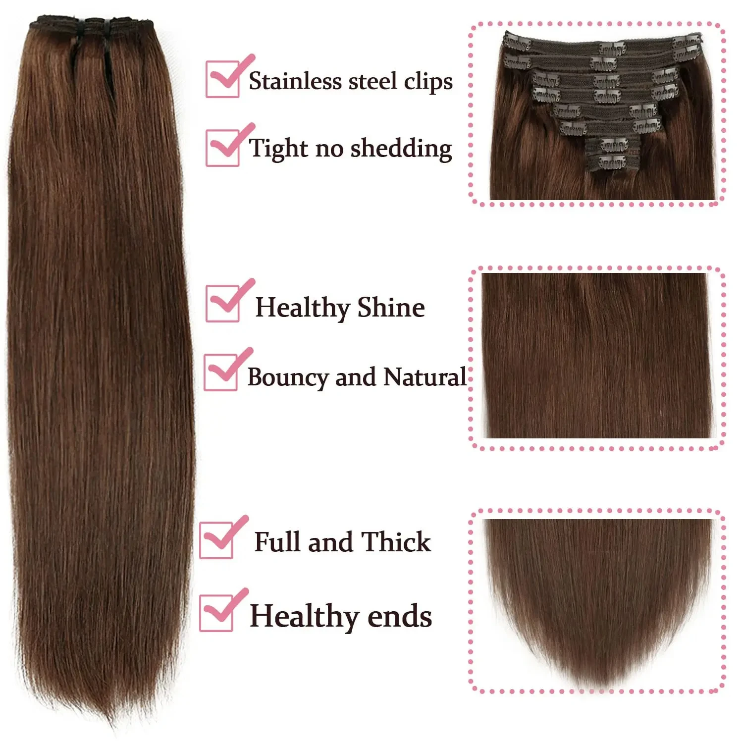 Grampo em extensões naturais do cabelo, HairExtensions humanos reais, reto, marrom chocolate, #4