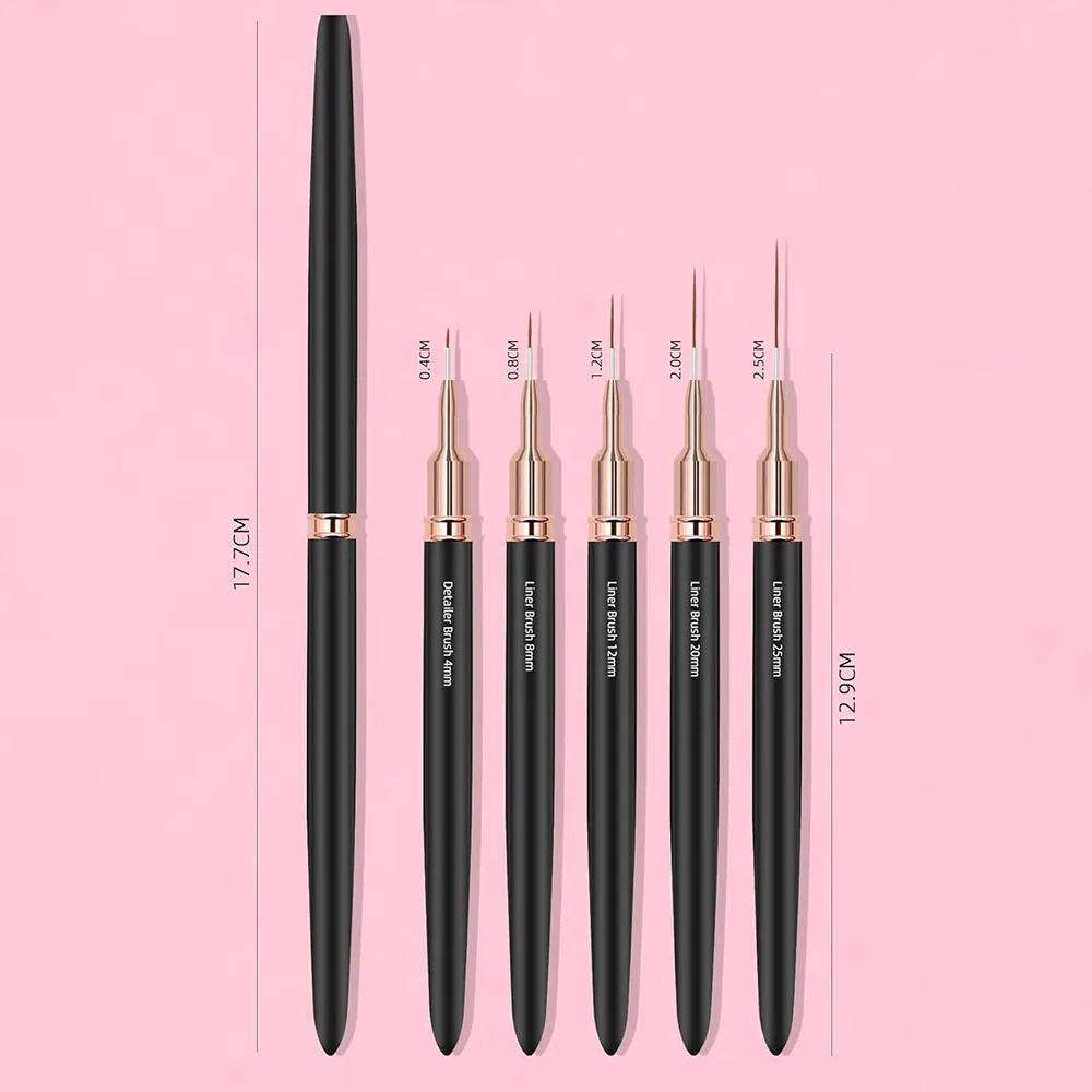 Black Nail Art Liner Brushes 5Sizes Painting Nail Design Pen /8/12/20/25mm Drawing Tool for Long Lines Thin Details Manicure Pen