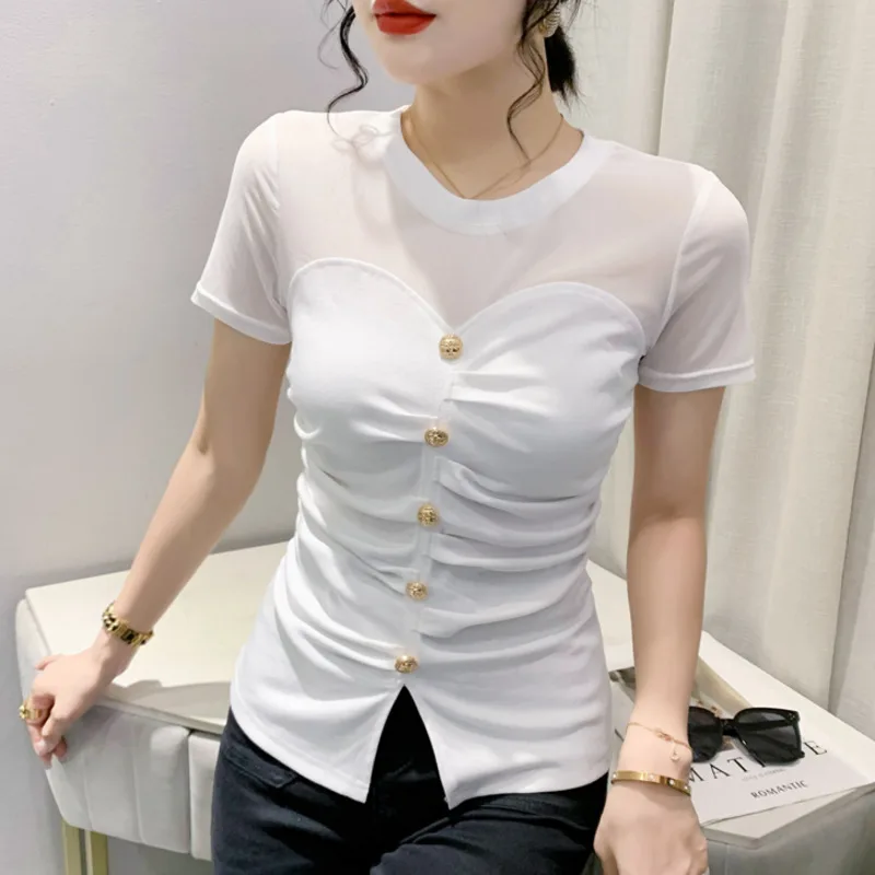 #5413 Black White Purple Cotton Spliced Mesh Hollow Out Short T Shirt Women Buttons Sexy Skinny Irregular T-shirt Perspective 