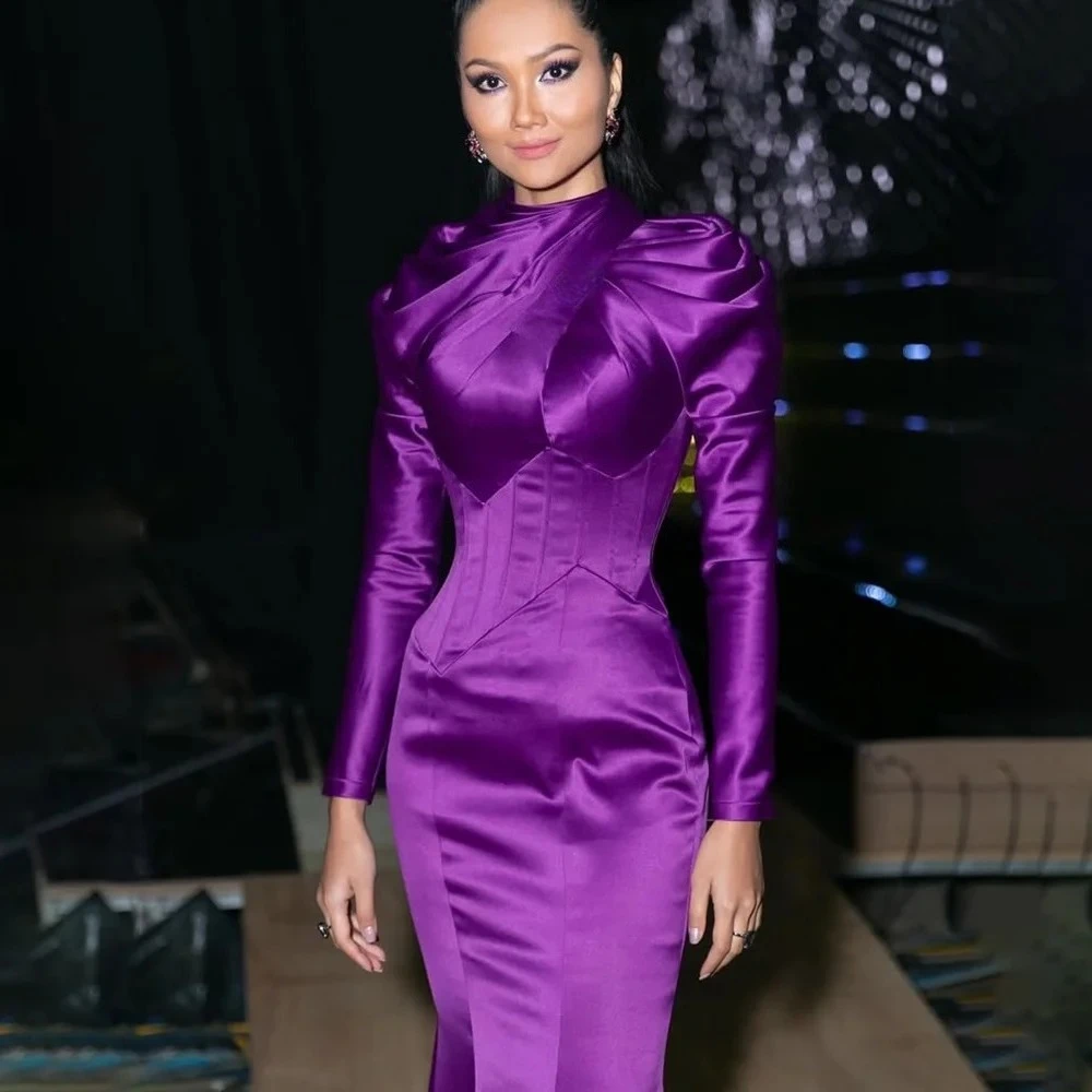 

Formal Evening Dress Customized High Neck Long Sleeves Satin Mermaid Purple Evening Gowns Long Celebrity Party Dresses 2025