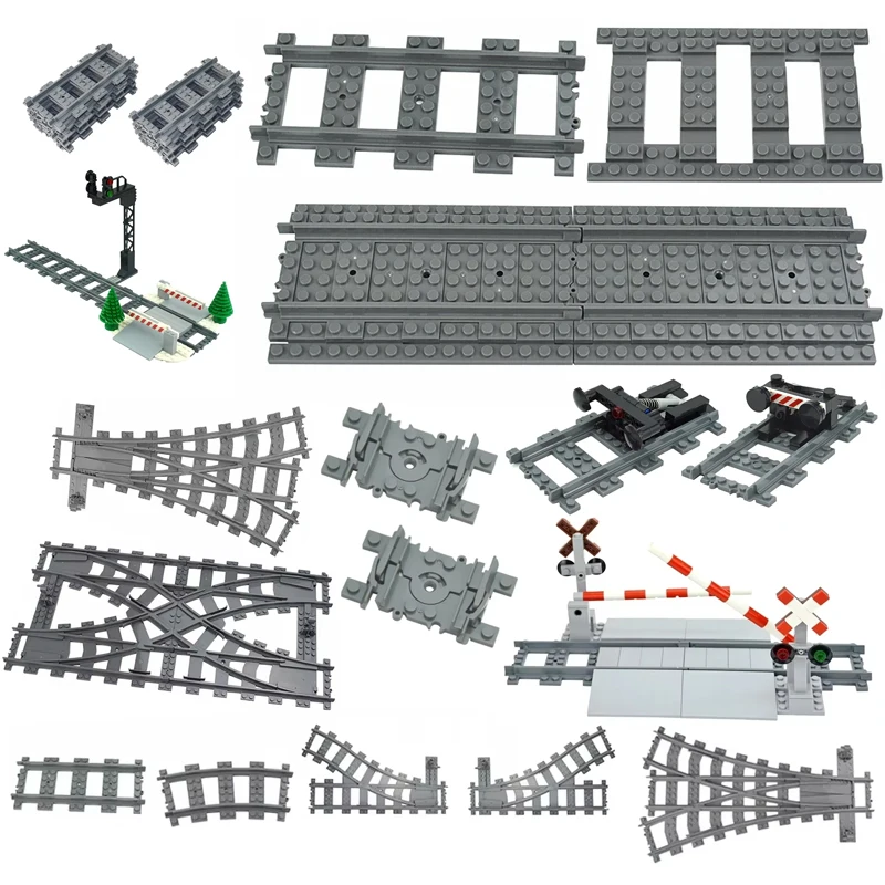MOC City Train Tracks Curved Railway Building Block Bricks Crossing Switch Flexible Forked Uphill Straight Creative DIY Toys