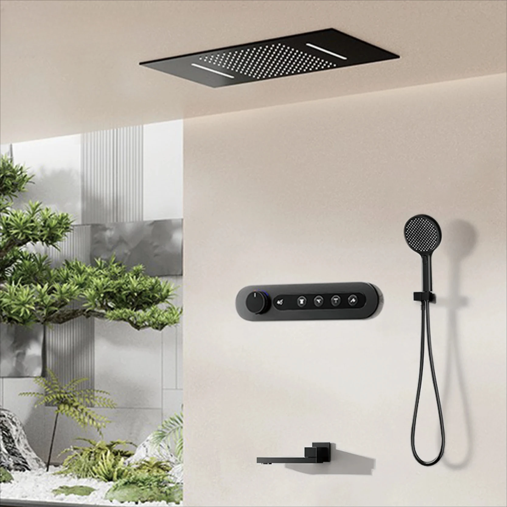

Роскошная матовая черная латунная термостатическая душевая система, 4 режима распыления, потолочный светодиодный цифровой дисплей, противоожоговой смеситель для ванной комнаты