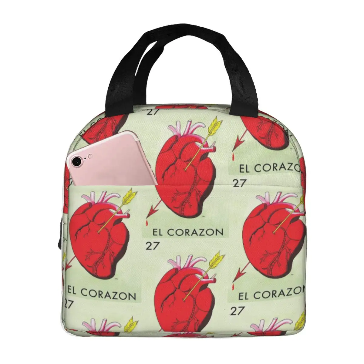 

El Corazon Heart Loteria Card Mexican Bingo Lottery Insulated Lunch Bag Cooler Thermal Food Box Tote Lunch Boxes Container
