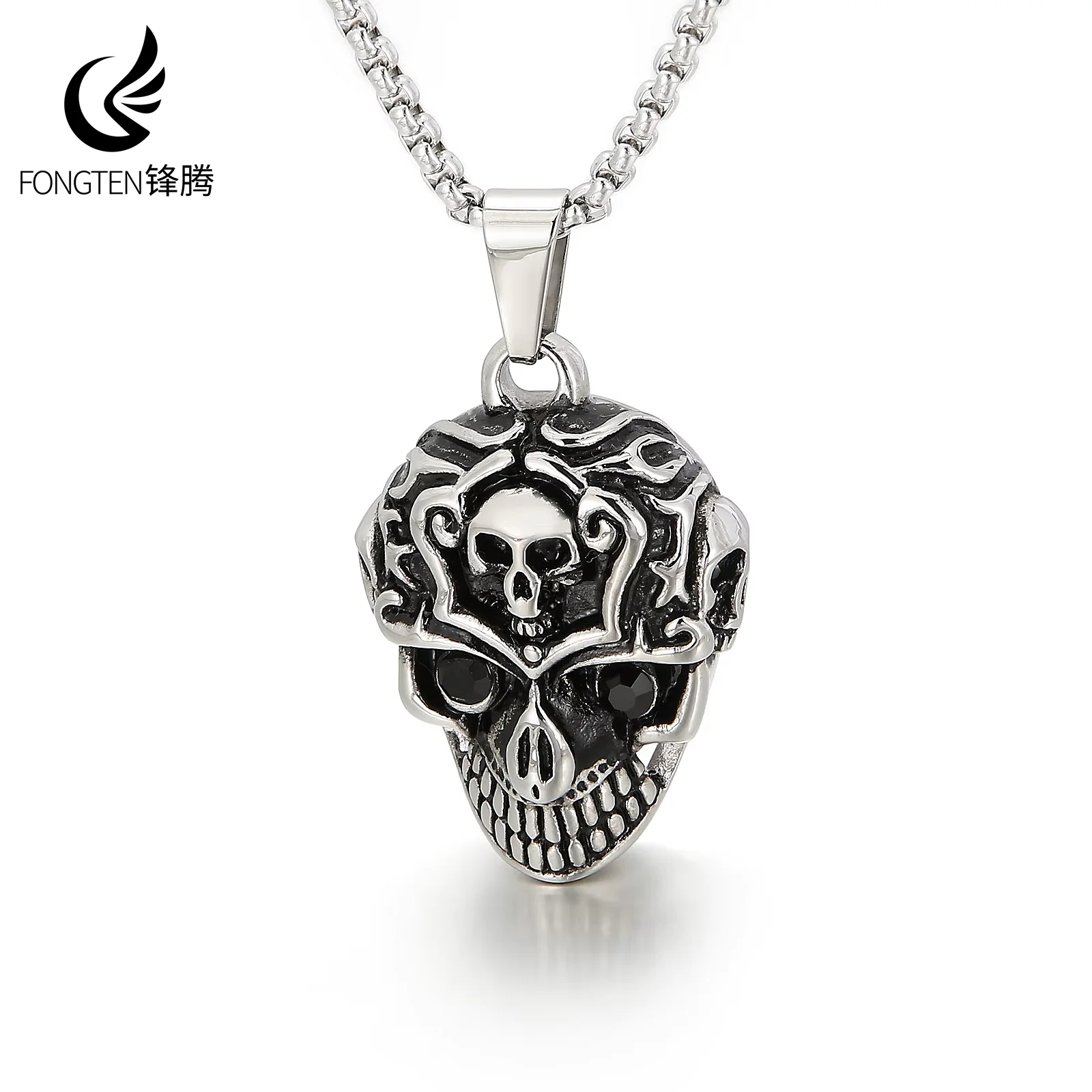 Fongten Gothic Skull Head Men Pendant Necklace Stainless Steel Hip Hop Punk Accessories Fashion Jewelry