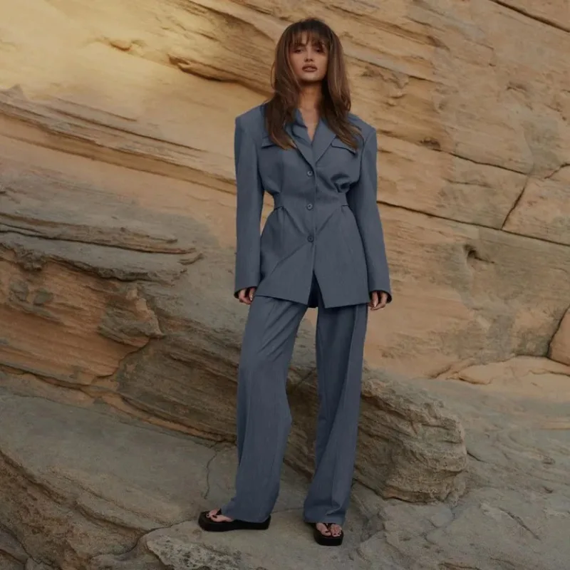 

2026 Spring Office Lady Gray 2 Piece Pants Set Elegant Outfit Fashion Pocket Long Sleeve Tunic And Simple Straight Trousers Sets