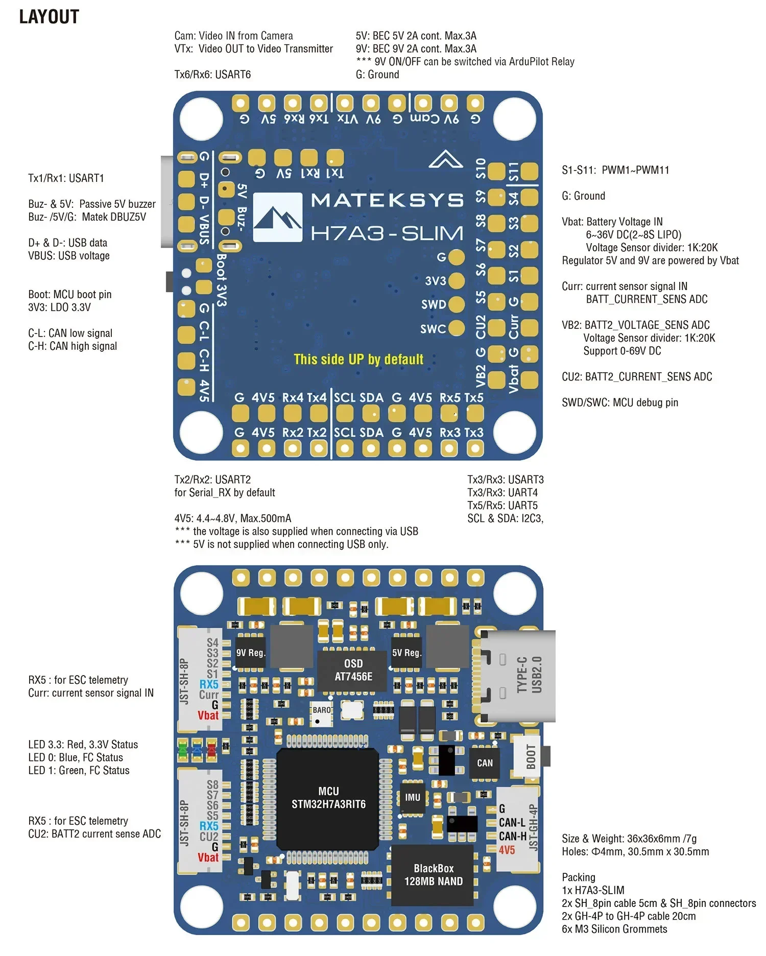Matek MATEKSYS H7A3-SLIM STM32H7A3RIT6 Controlador de vôo integrado ICM42688P 2 ~ 8S LiPo para RC FPV Long Rang Racing Drone