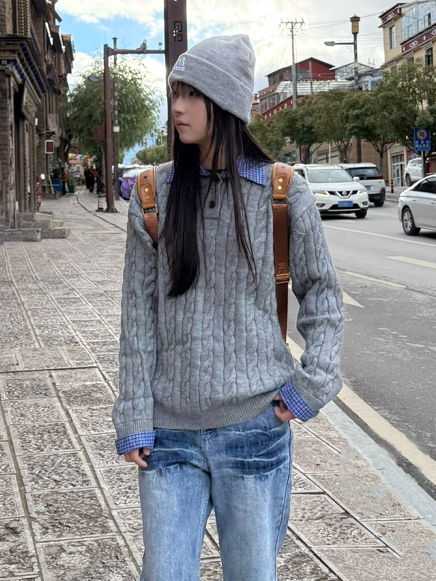 

American Sle Knitted Sweater Collar Long Sve Men's Autumn Plaid Jaet Fake Two-Piece Soft Warm Retro Vintage