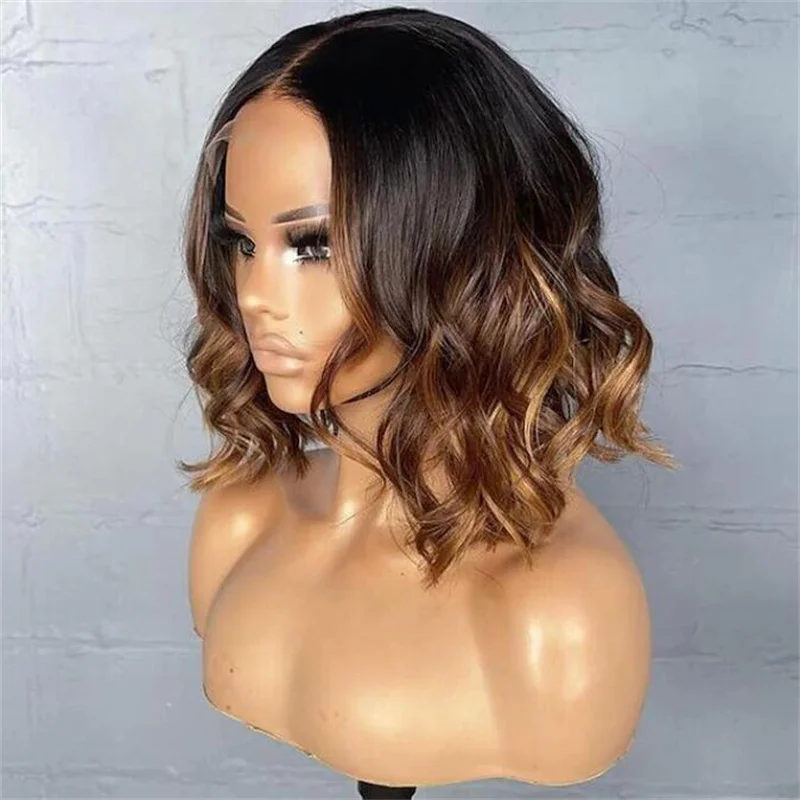 

16Inch Ombre Brown 180Density Bob Wave Jewish Human With 5x5 Silk Base BabyHair HD Lace European Hair Preplucked Glueless Daily