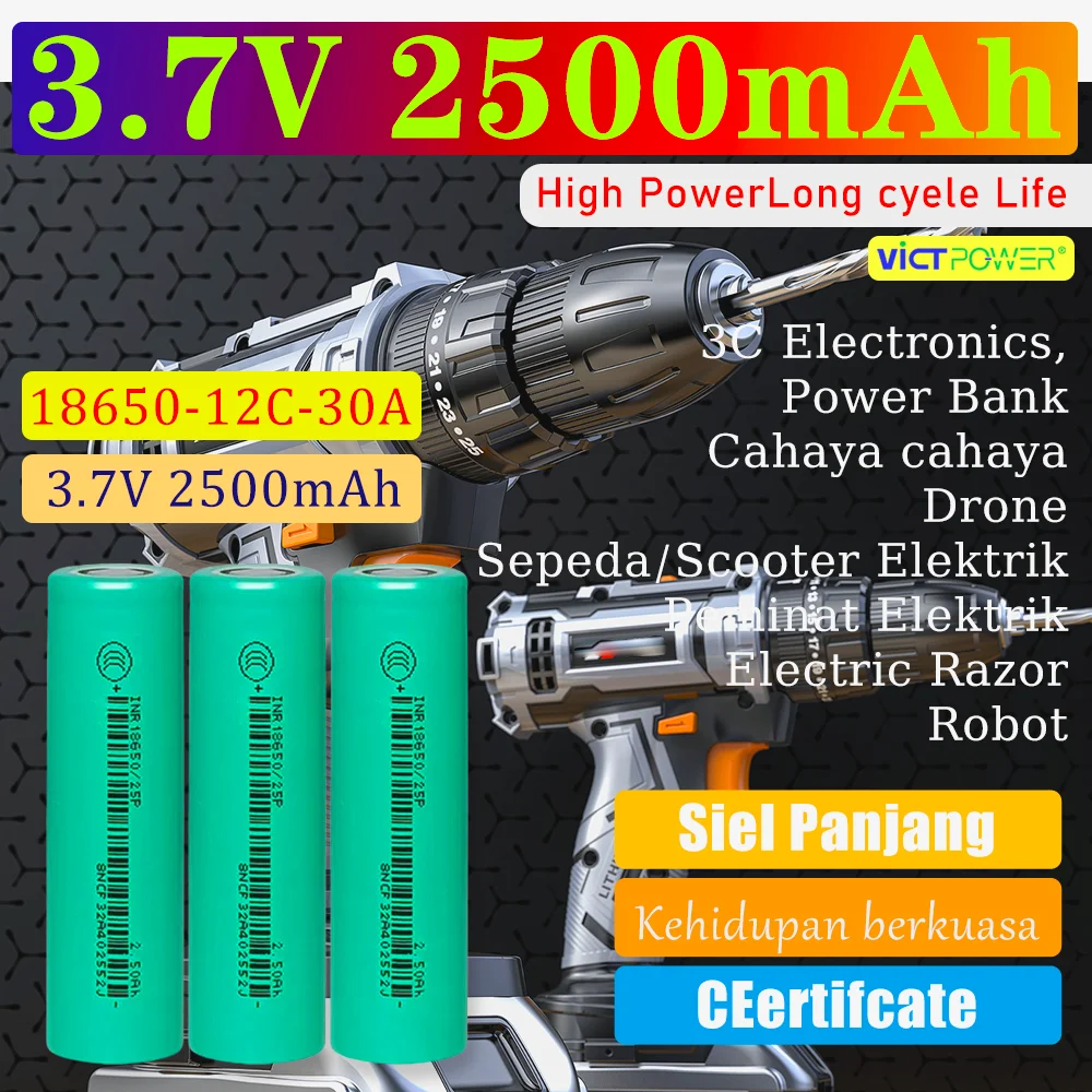 

18650 batteries inr18650 25p 2500mah 12C 30A battery 18650 аккумулятор аккумулятор 18650 литий железо фосфатный аккумулятор