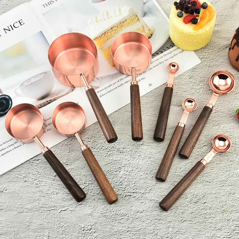 

4pcs Rose Gold Plated Stainless Steel Measuring Cups Coffee Scoop Spoon With Wooden Handle Cake Kitchen Baking Tools