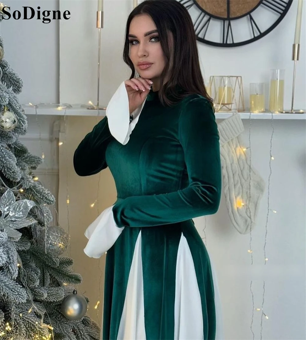 SoDigne Emerald Green & White Velvet Evening Dresses A-Line High Neck Full Sleeves Pleated Party Dress 2025 Prom Gown Customized