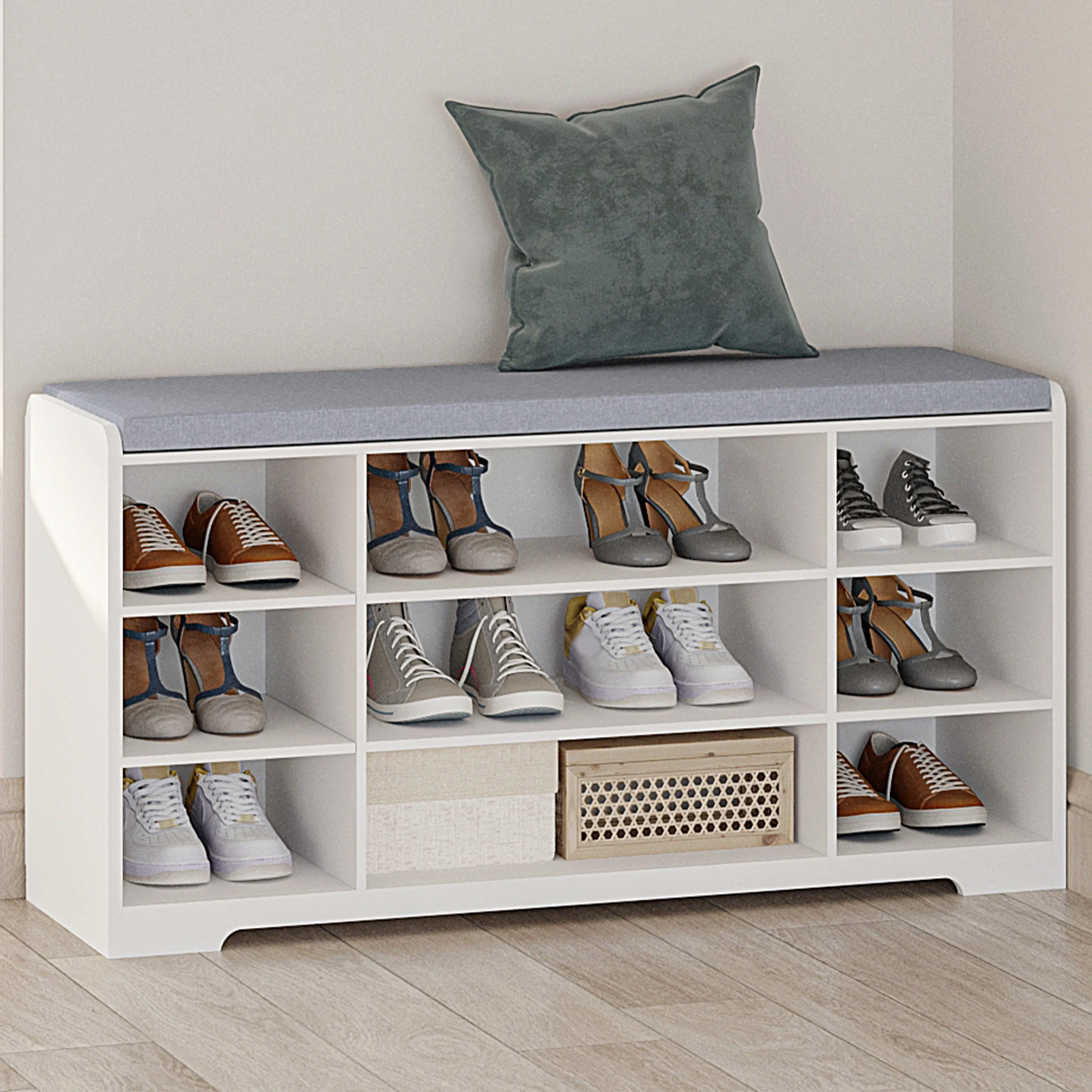 Hzuaneri Schuhbank, Schuhregal mit Sitz, Bank mit Aufbewahrungskissen, 9 Fächer, 30 x 103 x 52,7 cm,