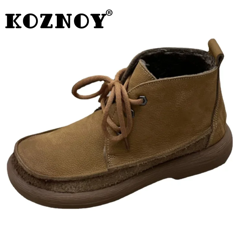 Koznoy 3cm Cow Suede Genuine Leather Warm Booties Spring Winter Plush Women Autumn Flats Ankle Rubber Comfy Loafer Wedge Shoes