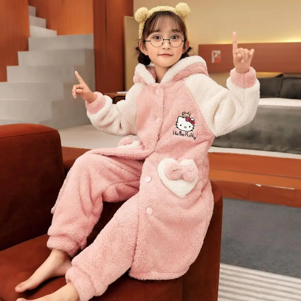 Sanrio Hello Kitty Girls Robe Pajamas My Melody Winter Coats for Home Clothes Bathrobe Female Coral Fleece Nightdress Sleepwear