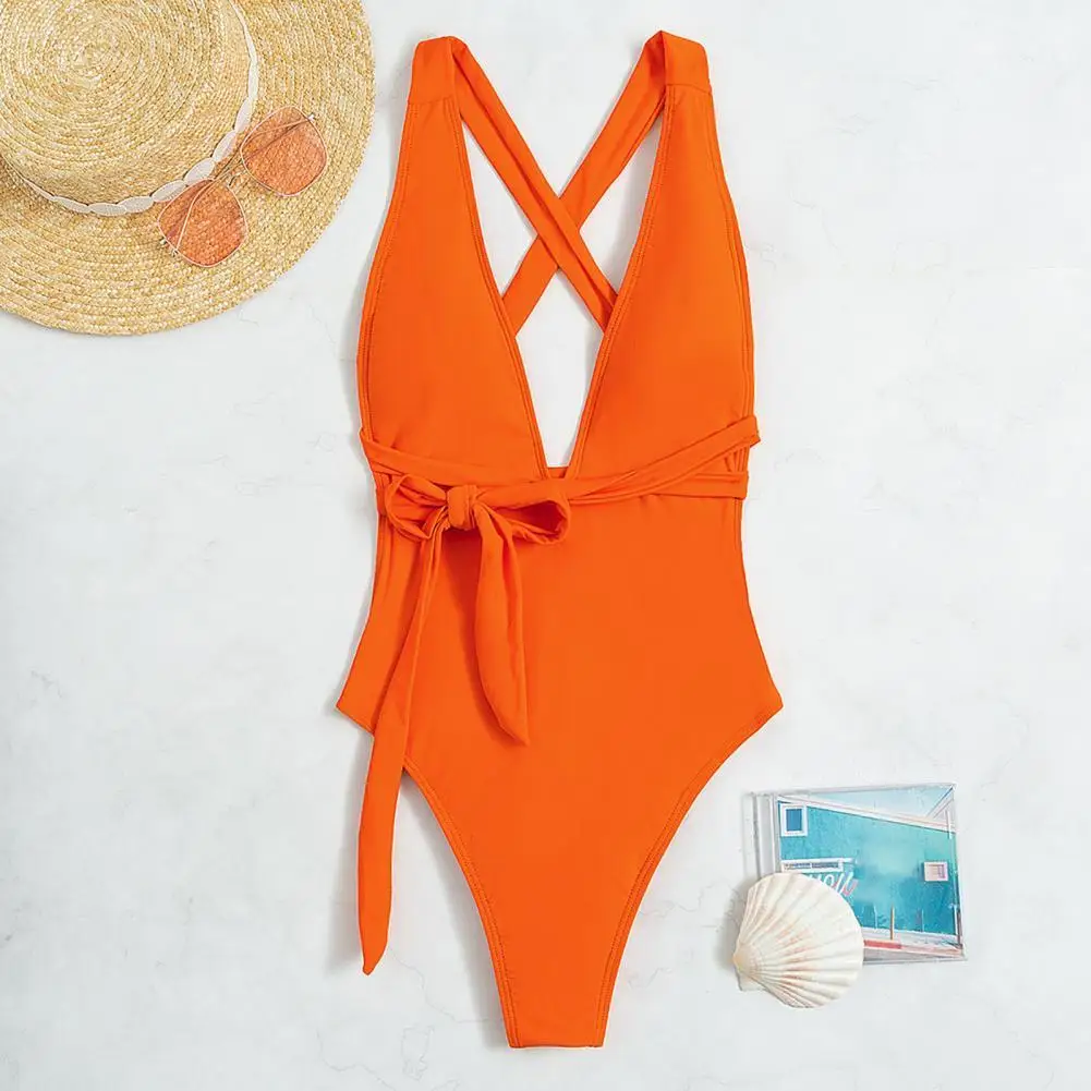 Ladies  Chic Orange Lace-up Bathing Suit One-Piece Women Swimsuit Solid Color   for Vacation