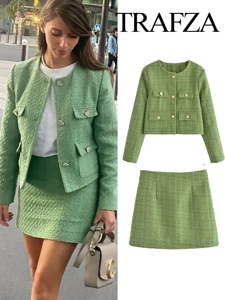 TRAFZA Suits For Women Fashion Green Coarse Weaving Loose Single Breasted Jackets + Slim Chic And Elegant Women's Autumn Skirts