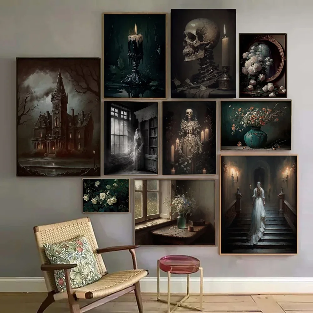 Dark Academia Gothic Wall Art Canvas Painting, Haunted House Ghost Bride Skull Poster Prints for Gallery Living Room Decor