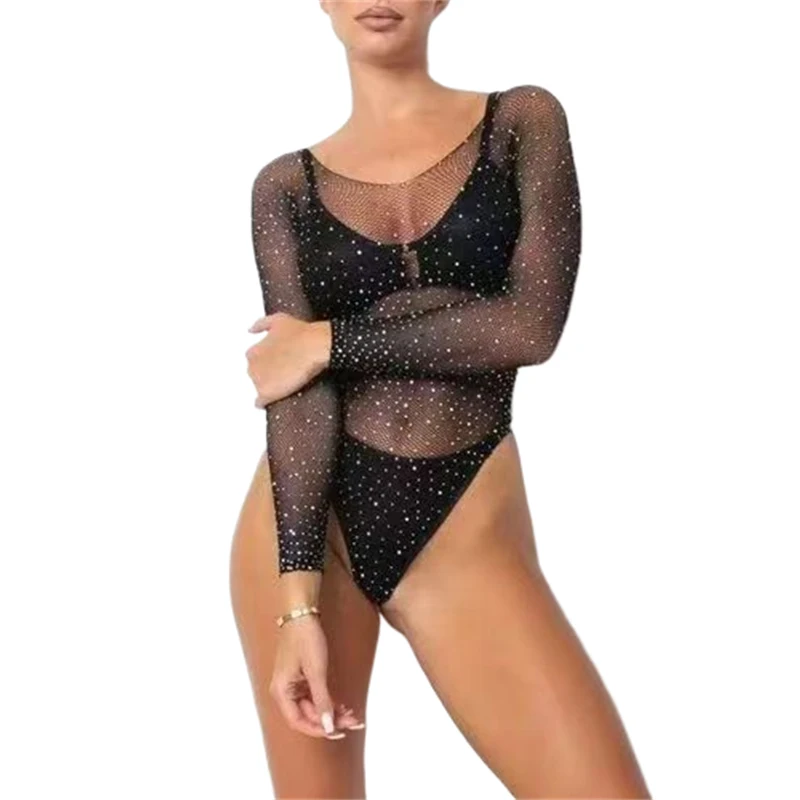 Damen Off-Shoulder Strass-Mesh-Bodysuit Transparenter Netz-Bodystocking Glitzerndes Oberteil Nachtclub Bühne Musikfestival Party-Outfits – Detail 1