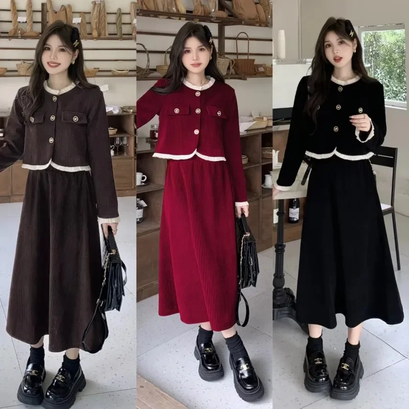 Insozkdg 2024 New Spring Autumn Elegant Skirt Suits Fashionable High-Class Youthful Slimming Patchwork Chic Style Two-Piece Set