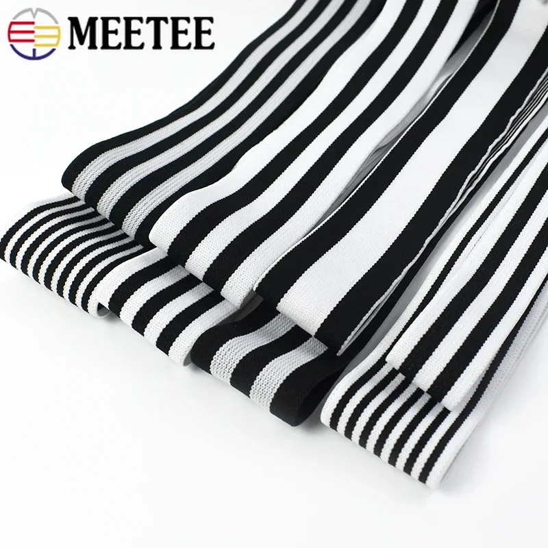 2/5M Meetee 25-50mm Black White Stripe Elastic Band Clothes Trouser Pants Spring Ribbon Tape Webbing Stretch Rubber Accessories