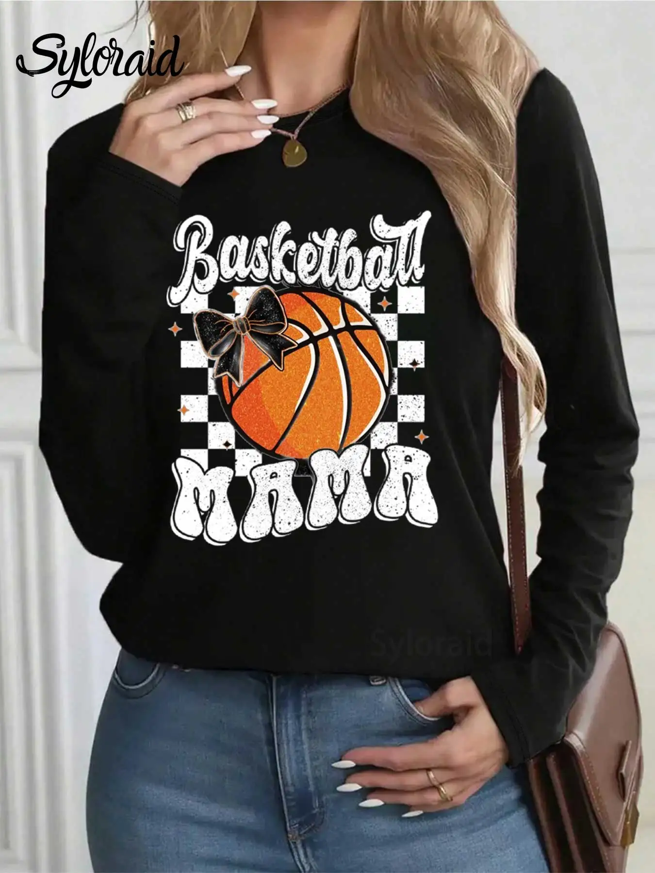 تي شيرت نسائي بأكمام طويلة، تي شيرت كرة السلة ماما، قميص يوم اللعبة، قميص كاجوال برقبة دائرية #2