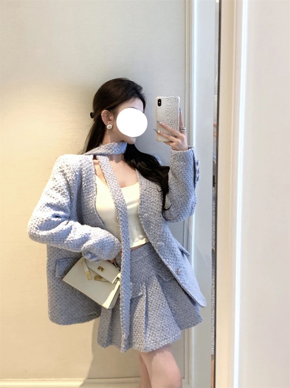 Ele Plaid Suit Set with Sa for Women Cotton Blend Long Sve V-Ne Button-Up Skirt And Jaet Two-Piece Faion Ensemble