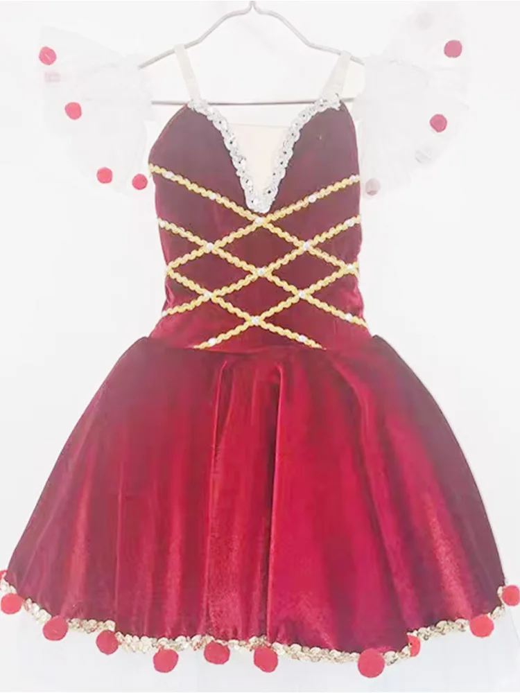 Saia de balé para meninas, roupa de performance cereja, saia inchada, vinho, veludo vermelho, saia de princesa, vestido de aniversário infantil