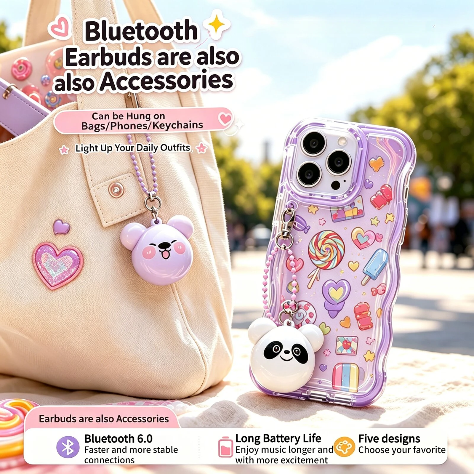 

Cute Panda Bluetooth 6.0 Earbuds, 24g Ultra-Light, Keychain Charm Design, Fashion Accessory, Customizable Gift for Women Girls